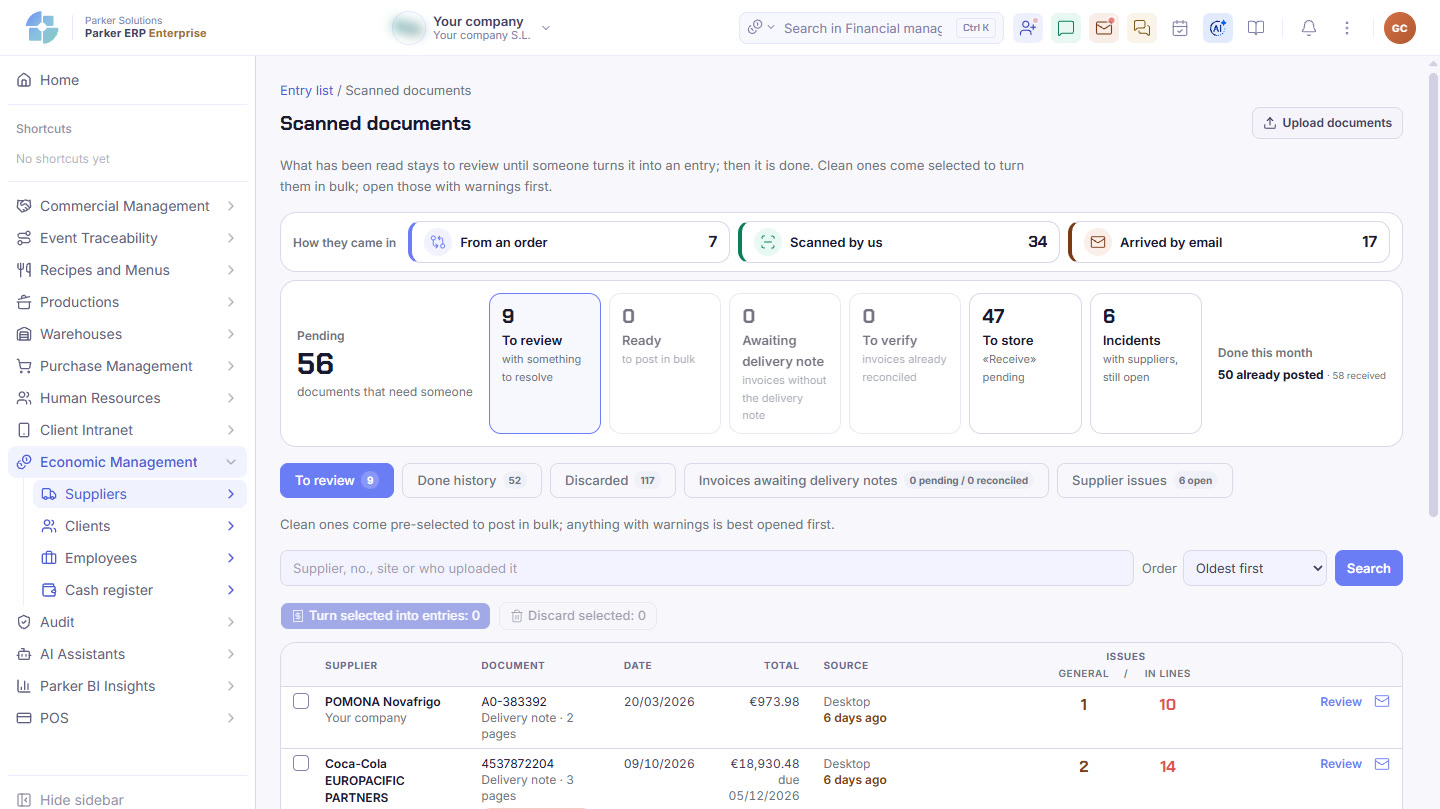 Parker screenshot: supplier delivery notes and invoices read automatically, showing how they came in and what still needs reviewing.