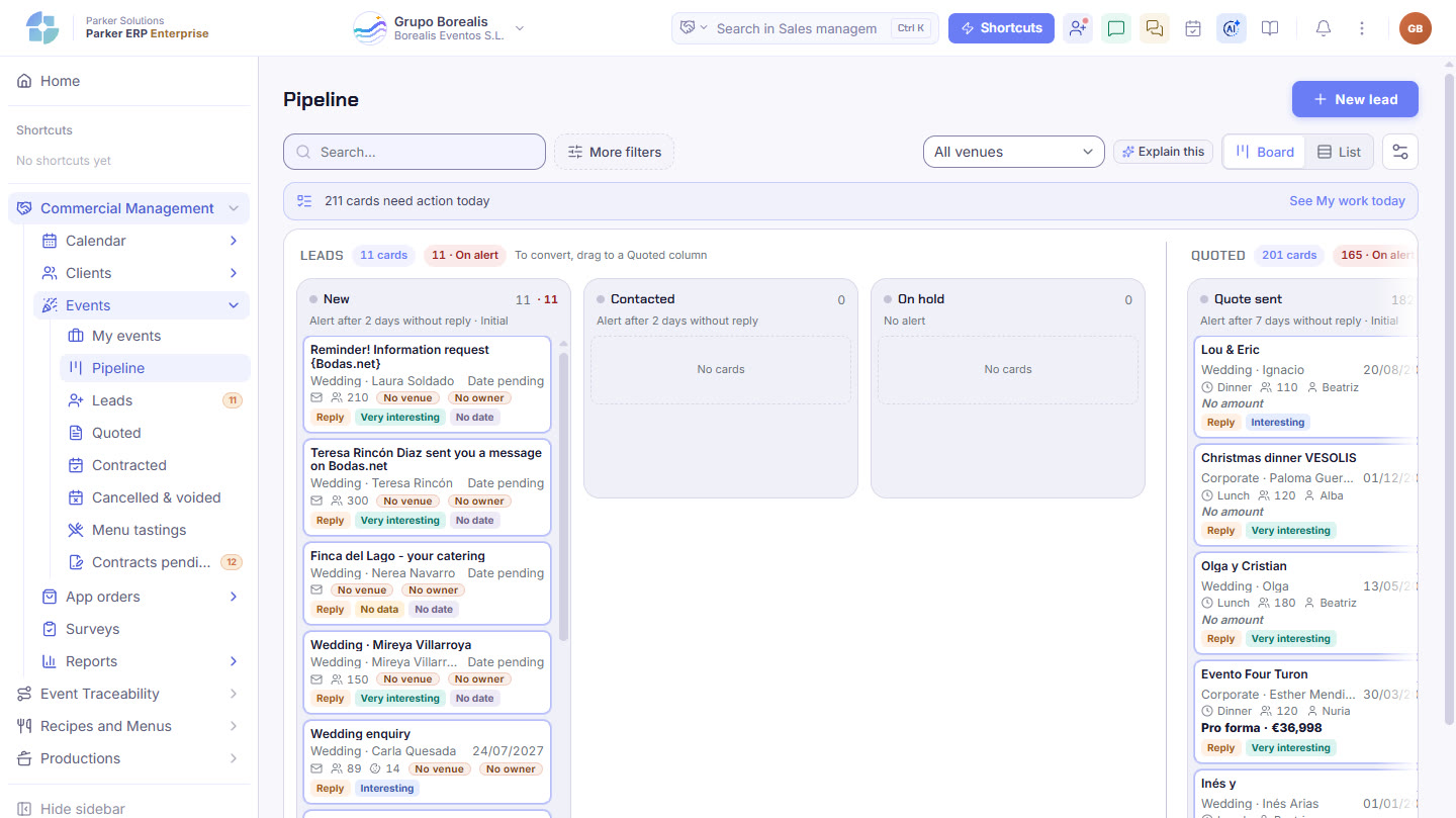 Parker screenshot: the pipeline, with leads and quotes and their alerts, as a board or a list.