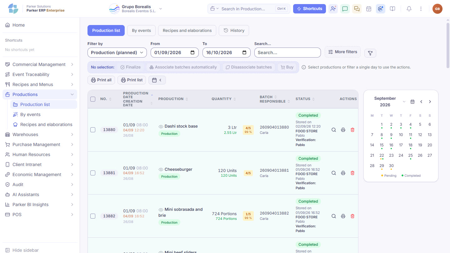 Parker screenshot: the list of production runs, with their batch, their status and the month’s calendar.