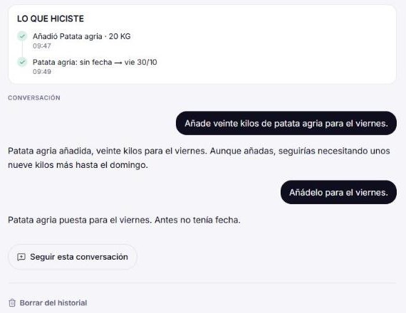 Conversación con el asistente de compras y lo que ha hecho