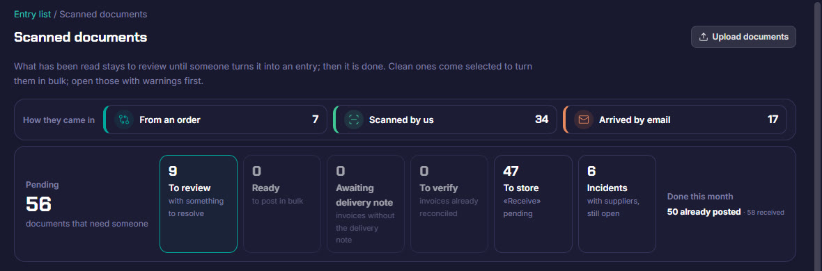 Scanned documents: a delivery note or invoice without an order is read and opened for review