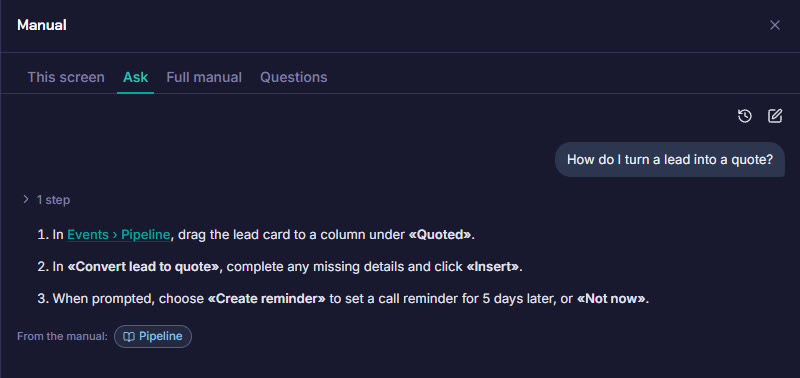 The manual assistant explains step by step how to turn a lead into a quote