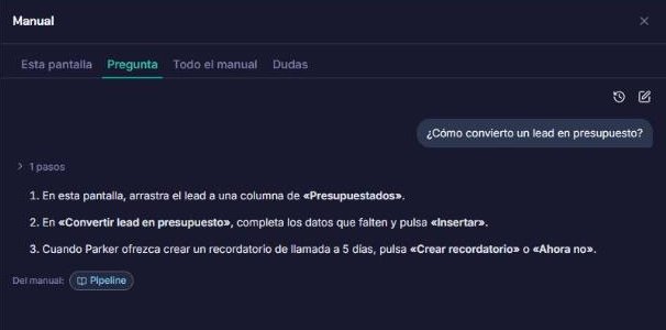 El asistente del manual responde paso a paso cómo convertir un lead en presupuesto