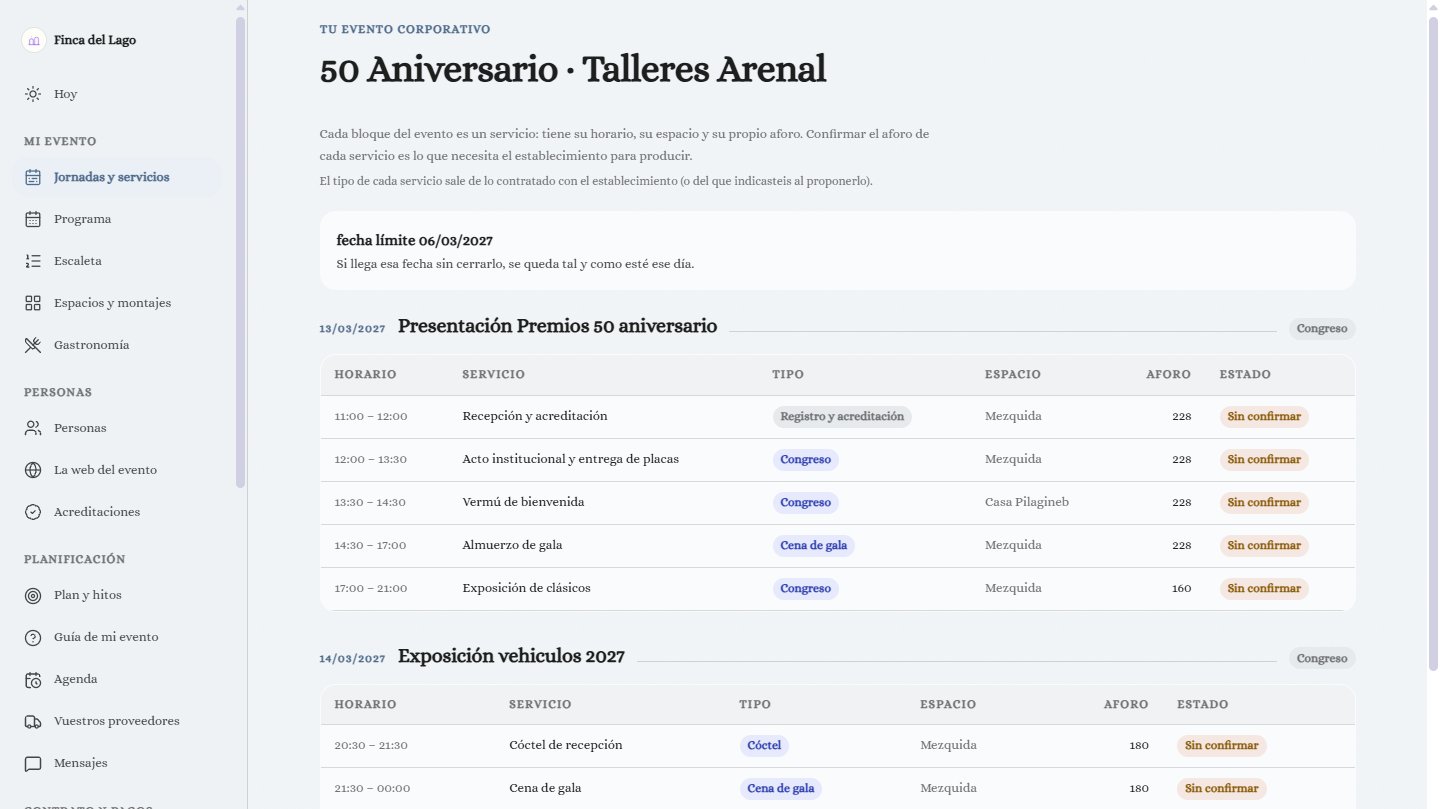 Intranet corporativa en escritorio: Jornadas y servicios. Cada servicio con su horario, su espacio y su aforo, para confirmar.