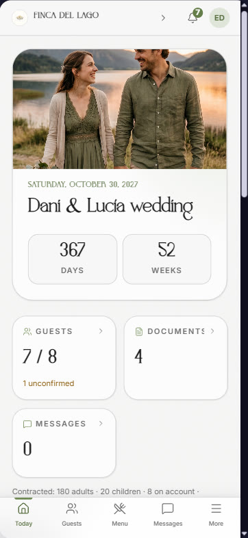 Client intranet: Today. The countdown, guests, documents and messages.