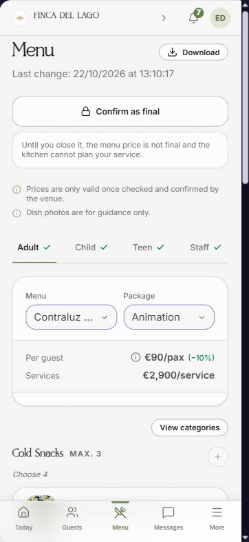 Client intranet: Menu. The menu and services with their price, dish by dish.