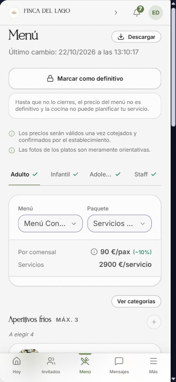 Intranet de clientes: Menú. El menú y los servicios con su precio, plato a plato.