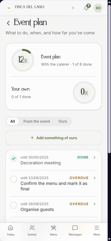 Client intranet: Event plan. What needs doing and by when, with progress.