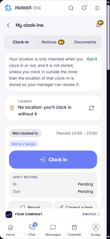 My clock-in: clock in against the day's shift