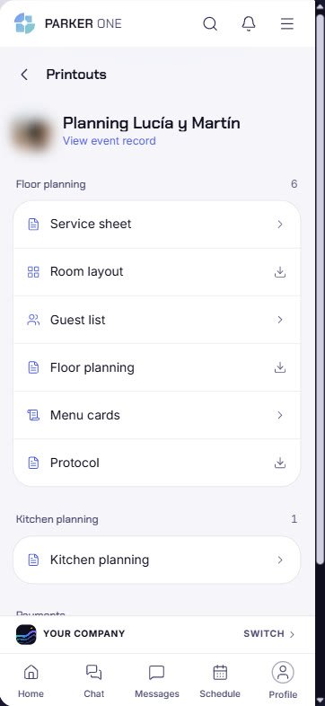 Event printouts: service sheet, floor plan, guests, menu cards
