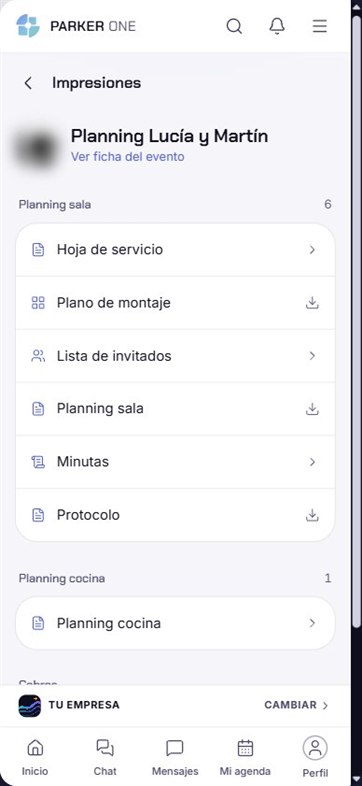 Impresiones del evento: hoja de servicio, plano, invitados, minutas