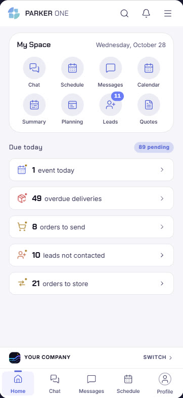 Parker One home screen with My Space and today's pending items