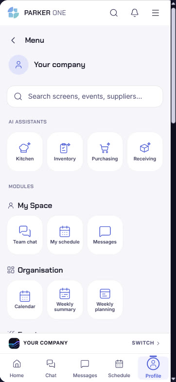 Parker One menu with AI assistants and modules
