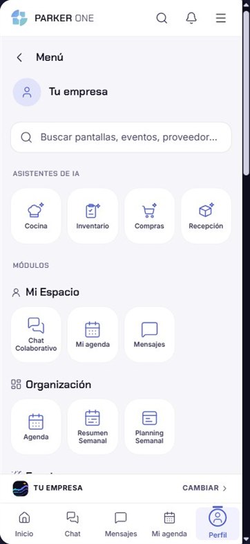 Menú de Parker One con asistentes de IA y módulos