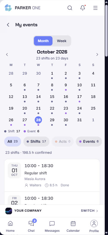 My events: the worker's calendar of shifts and events