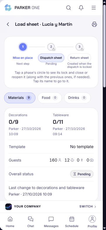 Event load sheet by phase