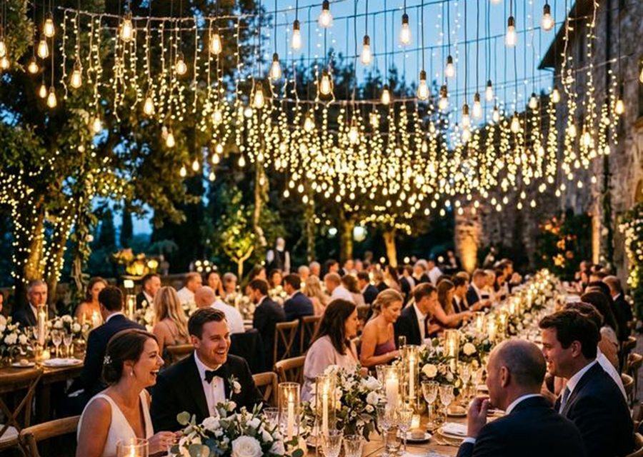 Celebration dinner in a garden decorated with string lights and dressed tables