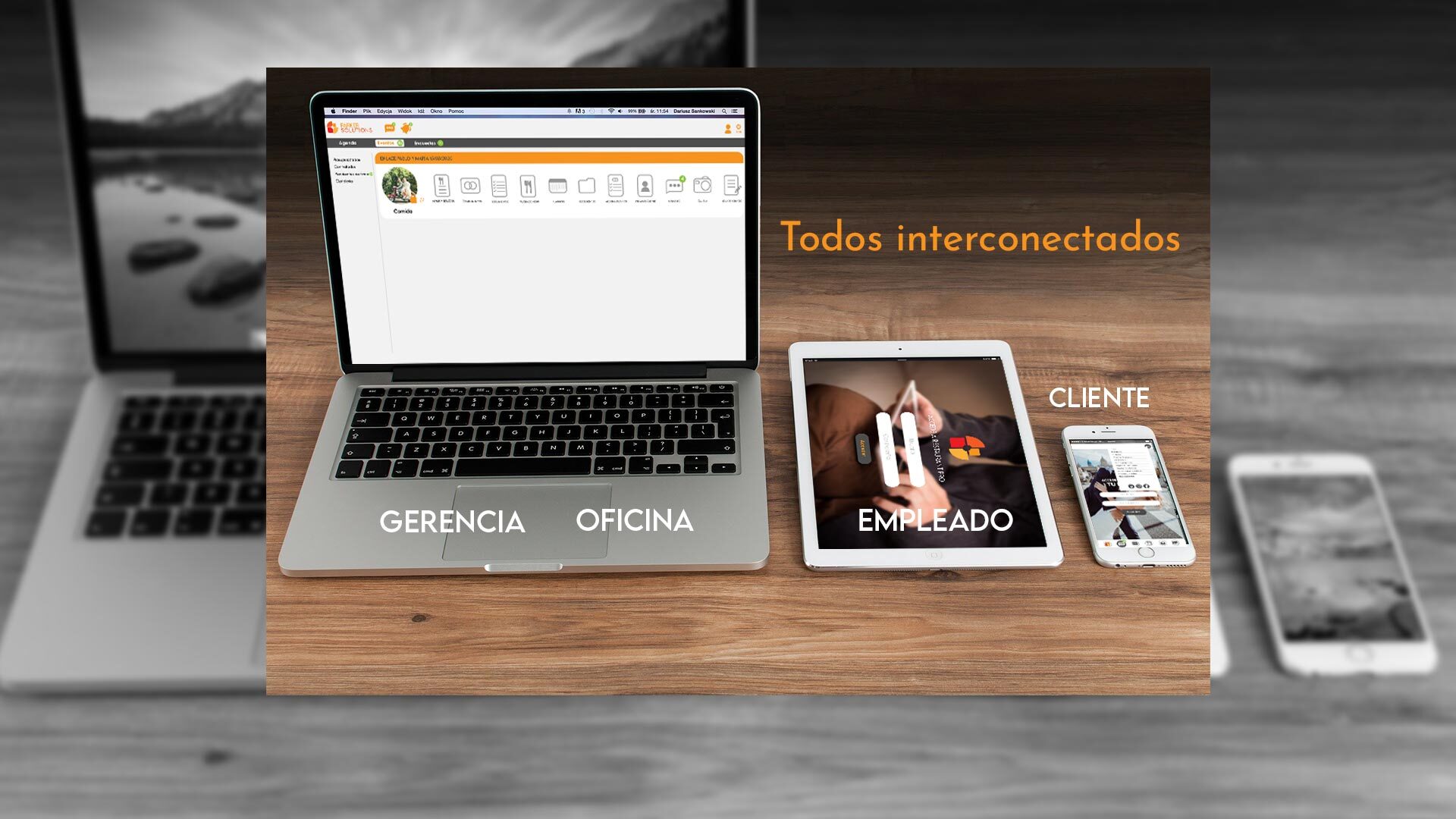 Todos interconectados: gerencia, oficina, empleado, cliente